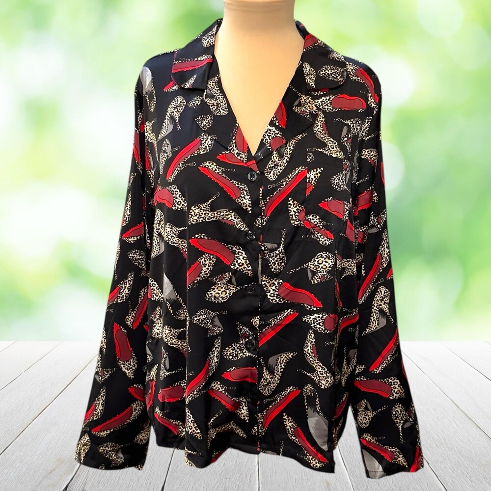 New NICOLE MILLER Blouse Shoes Animal Print Silky High Heels Black Red Size L